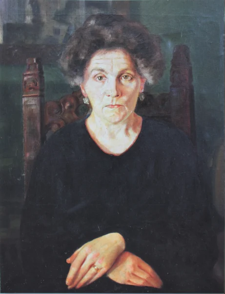 Mia madre 1923<br> olio su tela<br>90 x 90 cm<br>collezione privata, Bassano<br><br>Teresa Sartori, l’amatissima madre, è ritratta frontalmente seduta su una sedia, in un interno. Il volto incorniciato dei primi capelli bianchi è reso in modo molto naturalistico; le mani invece non rivelano alcun segno del tempo.