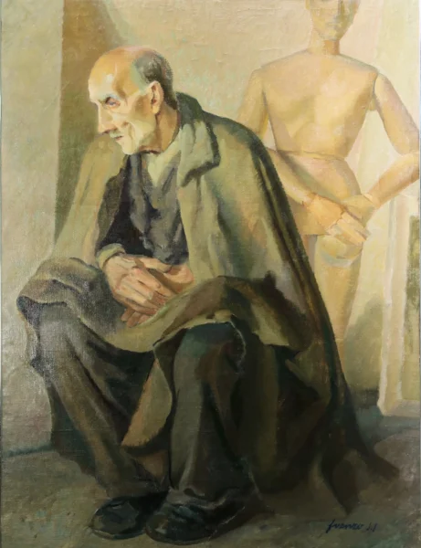 Il vecchio sacrestano 1947 (?)<br>
olio su tela<br>
120 x 89,5 cm<br>
proprietà della Compagnia di Gesù<br>
<br>
È probabilmente un ritratto di un confratello gesuita anziano, che porta una piccola croce appesa al collo, messo in posa da Venzo nel suo studio a Lonigo, nella Casa del Noviziato dei Gesuiti, come testimoniano la presenza di un manichino di legno e un quadro sullo sfondo, appoggiato a terra. Il dipinto fu esposto per la prima volta nel 1948 nella mostra personale tenuta alla Galleria Grande a Milano, che fu la prima dopo aver abbracciato la vita da religioso.