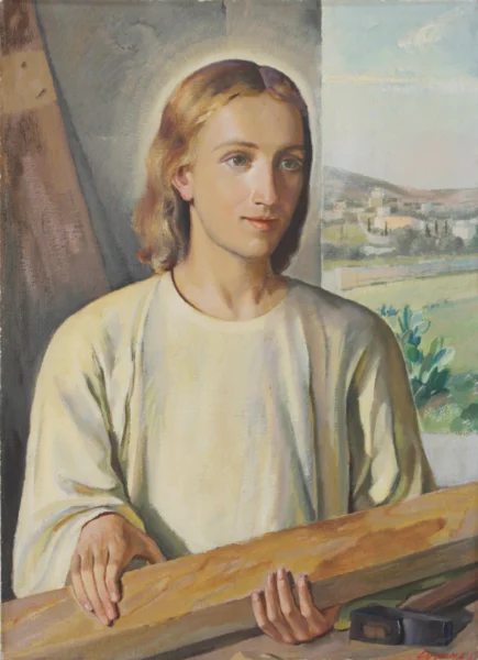 Gesù lavoratore 1948-1950 circa<br>
cartone intelato<br>
75 x 63,8 cm<br>
firma “fvenzo S. J.”<br>
proprietà della Compagnia di Gesù<br>
<br>
Il giovane Gesù falegname è un’immagine oleografica delineata con uno stile impeccabile. Gesù tiene fra le mani una trave, che allude alla croce, cui si riferisce pure il martello, tradizionale simbolo della Passione.