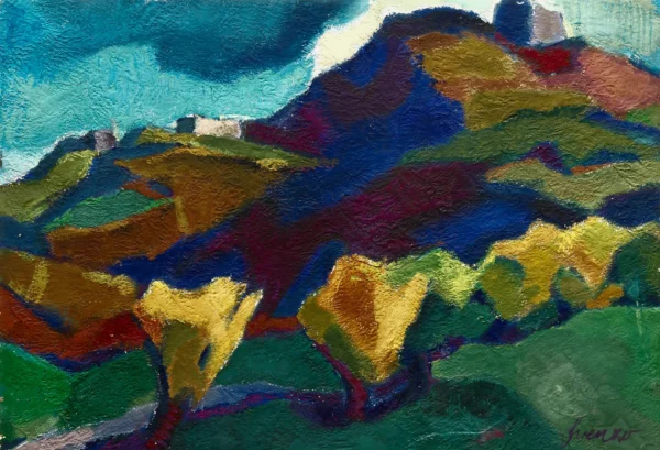 Splendori d’autunno a Lonigo 1954<br> olio su compensato multistrato<br> 54,5 x 76,5 cm<br> proprietà della Compagnia di Gesù<br> <br> La veduta dovrebbe raffigurare in modo libero e con l’utilizzo di colori molto intensi, come Venzo finora non aveva mai fatto, un angolo delle colline di Lonigo, nelle propaggini meridionali dei Colli Berici. Il paesaggio è colto in un momento particolarmente felice e stimolante come è appunto la stagione autunnale; il pittore rivela il suo profondo senso contemplativo della natura.
