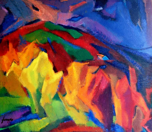 Autunno sui Colli Berici 1958<br>olio su compensato multistrato<br> 67 x 77 cm<br> proprietà della Compagnia di Gesù<br> <br> Il magnifico dipinto affronta il tema molto caro a Venzo dei dintorni di Lonigo, dove l’artista ebbe il proprio noviziato, ma in una chiave audacemente innovativa, che si apre a una direzione quasi non figurativa.