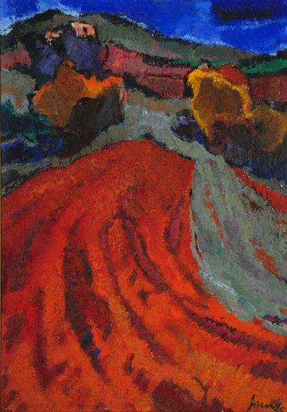 Campo arato 1964<br> olio su faesite<br> 65 x 50 cm<br> proprietà della Compagnia di Gesù<br> <br> Il tema dei campi arati d’autunno, in previsione della semina, si ritrova spesso in fratel Venzo. Oltre a esercitare un grande fascino su chi vive in campagna, potrebbe essere paragonato al periodo dell’Avvento, a quel tempo che precede e prepara il Natale.