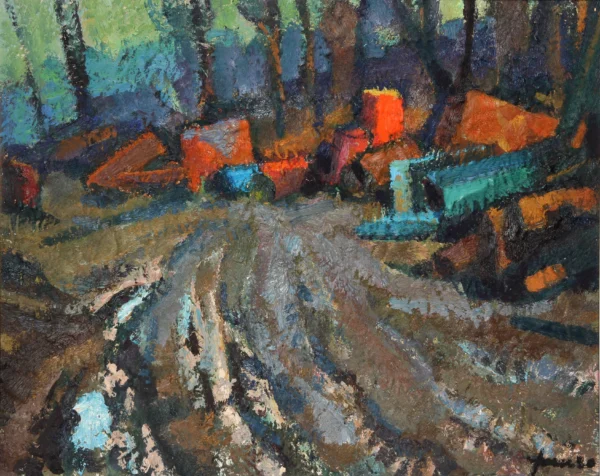 Cose vecchie abbandonate 1966<br> olio su compensato<br> 39 x 49 cm<br> proprietà della Compagnia di Gesù<br> <br> Questo strano paesaggio raffigura una discarica di oggetti vecchi abbandonati tra gli alberi; rivela la sua innata predilezione per le cose umili e scartate.