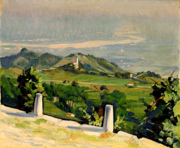 Lusiana 1932<br> olio su cartone intelato<br> 33 x 41 cm<br> collezione privata<br> <br> È una veduta dall’alto delle colline a ovest di Marostica (Vicenza) con la zona di Lusiana e il primo tratto in pianura del fiume Brenta.
