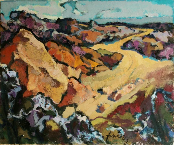 Terre dell’Etna 1973<br> tempera su cartone<br> 50 x 60 cm<br> proprietà della Compagnia di Gesù<br> <br> Il dipinto raffigura una strada gialla serpeggiante tra coloratissime rocce, che evocano il magma vulcanico dell’Etna. Appartiene al gruppo di opere eseguite durante i soggiorni estivi in Sicilia. Eccezionale è la sensibilità cromatica del pittore.