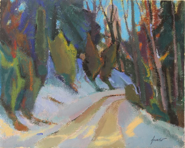 Neve a Villa San Fermo 1975<br> tempera su cartone con aggiunta di sabbia<br> 39,5 x 49,5 cm<br> proprietà della Compagnia di Gesù<br> <br> Il virtuosismo pittorico di Venzo si esprime nella capacità di tingere una neve di vari colori a seconda di come essa è illuminata dai raggi di sole che filtrano tra i rami spogli degli alberi.