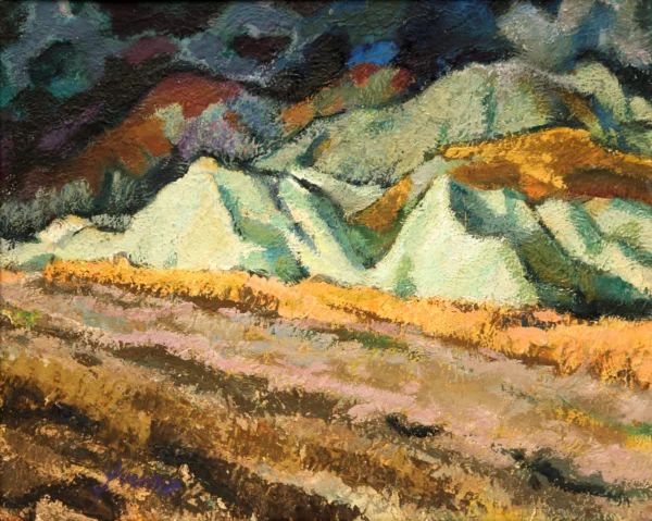 Calanchi di Roccella Ionica 1977<br> olio su compensato multistrato<br> 40 x 50 cm<br> proprietà della Compagnia di Gesù<br> <br> In un’intervista del 1987, l’artista ammette il grande fascino da sempre esercitato sulla sua arte dai contrasti cromatici del Meridione d’Italia.