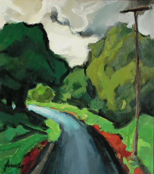 Strada tra i monti in Colombia 1978 circa<br> tempera su carta incollata su masonite<br> 33 x 30,5 cm<br> proprietà della Compagnia di Gesù<br> <br> Il dipinto offre un’immagine della natura rigogliosa e pregna di umidità del paesaggio Colombiano esaltato nei colori dai forti contrasti chiaroscurali e dalla luce che filtra attraverso il cielo nuvoloso.
