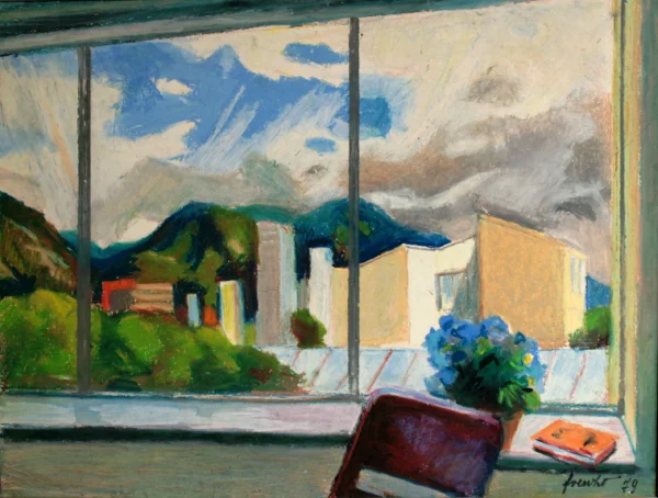 Dalla mia finestra 1979<br> pastello a olio su carta incollata su masonite<br> 41 x 55 cm<br> proprietà della Compagnia di Gesù