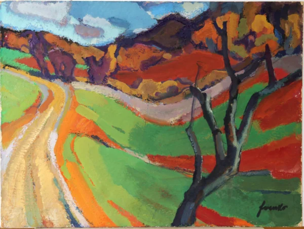 Autunno sui Colli Berici 1980<br> tempera su cartone incollato su masonite<br> 30 x 40 cm<br> proprietà della Compagnia di Gesù<br> <br> La grande bellezza e poesia di questo angolo dei Colli Berici sta nel perfetto equilibrio tra la forma e il colore.