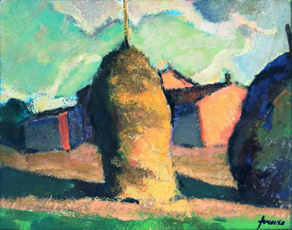 I due pagliai vicino a casa 1981<br> olio su compensato<br> 40 x 50 cm<br> proprietà della Compagnia di Gesù