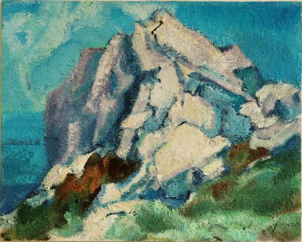 Capo Caccia in Sardegna 1985 circa<br> olio su compensato multistrato<br> 40 x 50 cm<br> proprietà della Compagnia di Gesù<br> <br> Il bel dipinto offre una visione ravvicinata dell’enorme promontorio di Capo Caccia, immerso nel blu del cielo e del piccolo lembo di mare sulla sinistra.