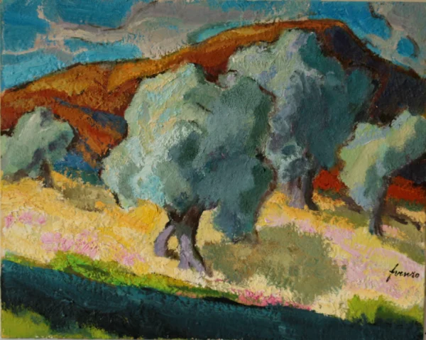 Olivi in Sicilia 1985 circa<br> olio su compensato multistrato<br> 40 x 50 cm<br> proprietà della Compagnia di Gesù<br> <br> Il tema degli alberi ricorre nell’opera di fratel Venzo. Durante i soggiorni in Sicilia e Sardegna rimase affascinato dagli olivi coni tipici tronchi piegati e modellati dal vento. È una bella prova della padronanza coloristica e tecnica dell’artista.