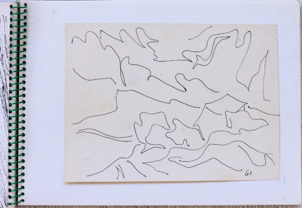 schizzo di paesaggio con casa e alberi pennarello nero su carta<br> 180 x 240 mm<br> archivio Alessio Saccardo