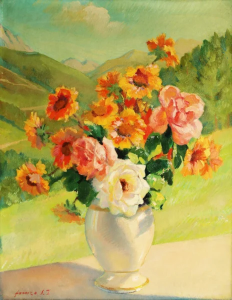 Vaso di fiori sul davanzale 1948 (?)<br> olio su compensato multistrato<br> 56 x 43,5 cm<br> firma “fvenzo S. J.”<br> proprietà della Compagnia di Gesù<br> <br> Al 1948 dovrebbe risalire questa brillante prova pittorica che testimonia la ritrovata felicità creativa di fratel Venzo proprio nello stesso anno in cui riprese a esporre le proprie opere, incoraggiato anche dai suoi confratelli.