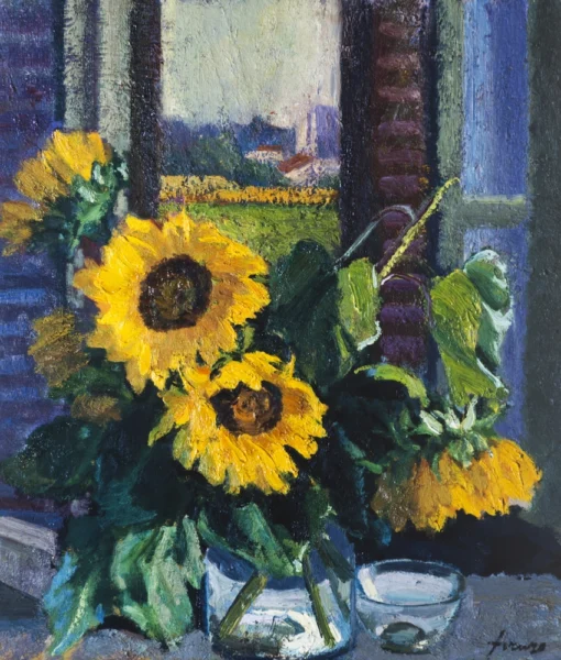 Girasoli davanti a una finestra 1980-1985 circa<br> olio su compensato<br> circa 40 x 30 cm<br> proprietà della Compagnia di Gesù