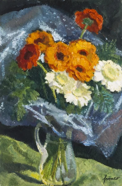 Fiori in una caraffa di vetro (omaggio floreale) 1985-1988 circa<br> olio su compensato<br> 60 x 40 cm<br> proprietà della Compagnia di Gesù