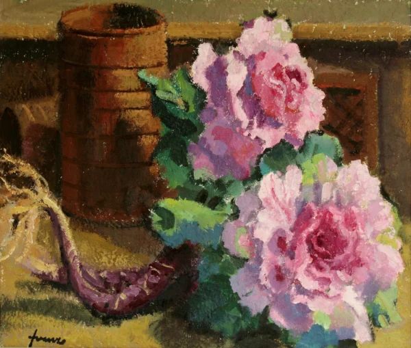 Verze rosa e barattolo 1986 circa<br> olio su compensato multistrato<br> 50 x 60 cm<br> proprietà della Compagnia di Gesù<br> <br> Il dipinto appartiene certamente alla fase tarda. È uno dei dipinti più gioiosi, ricchi di vitalità e amabili dell’ottuagenario fratel Venzo, che in questa occasione associa due dei temi preferiti nelle sue nature morte: il barattolo, specie se arrugginito, danneggiato o abbandonato e l’elemento floreale, colto nel suo massimo splendore.