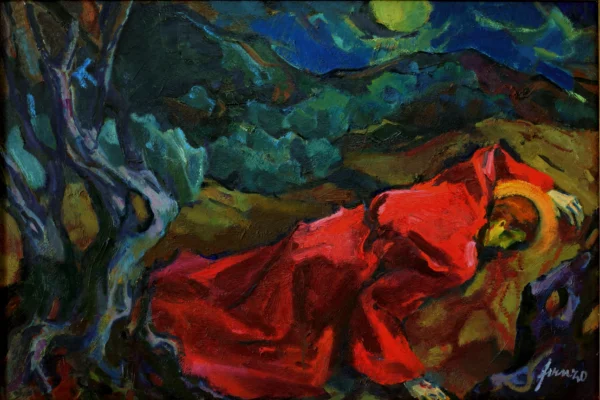 Cristo nell’Orto del Getsemani 1970<br> olio su panforte truciolare<br> 79 x 120 cm<br> proprietà della Compagnia di Gesù