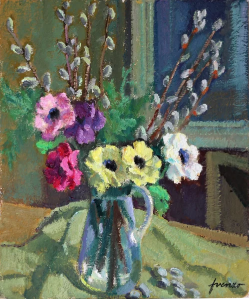 Fiori in una caraffa 1985-1988 circa<br>
olio su compensato<br>
60 x 50 cm<br>
proprietà della Compagnia di Gesù