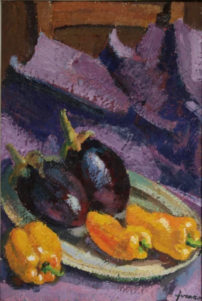 Peperoni gialli e melanzane 1985-1988 circa<br> olio su tavola<br> 60 x 40 cm<br> proprietà della Compagnia di Gesù