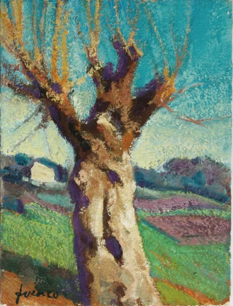 Platano in un paesaggio (Il vecchio platano è vivo) 1985-1988 circa<br> olio su compensato multistrato<br> 40 x 30 cm<br> proprietà della Compagnia di Gesù