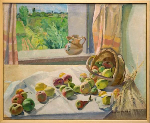 Mele, pere e frumento 1936<br> olio su tela<br> 80 x 100 cm<br> proprietà della Compagnia di Gesù<br> <br> Firmato “mario venzo” in basso a destra, il dipinto nasce nel pieno del periodo francese, ma probabilmente fu eseguito durante un soggiorno estivo nella natia Rossano, come fa pensare la veduta di paesaggio, che può ben raffigurare la campagna veneta. La brocca può essere riferita a una manifattura di Bassano o di Nove.