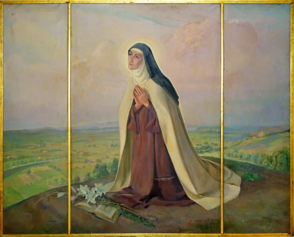Santa Teresa nel paesaggio di Lonigo 1942<br> olio su tela<br> dimensioni ignote (circa 150x200 cm)<br> firma “fr. venzo S J / ‘42”<br> proprietà della Compagnia di Gesù, Gallarate, Istituto Aloisianum