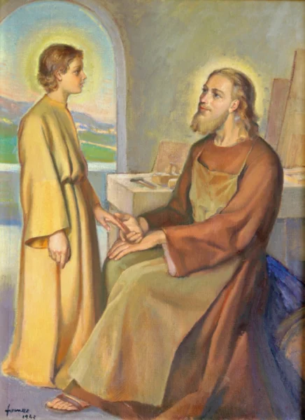 San Giuseppe e Gesù Bambino 1947<br>
olio su tela<br>
90 x 70 cm<br>
firma “fvenzo” e data in basso a sinistra<br>
proprietà della Compagnia di Gesù